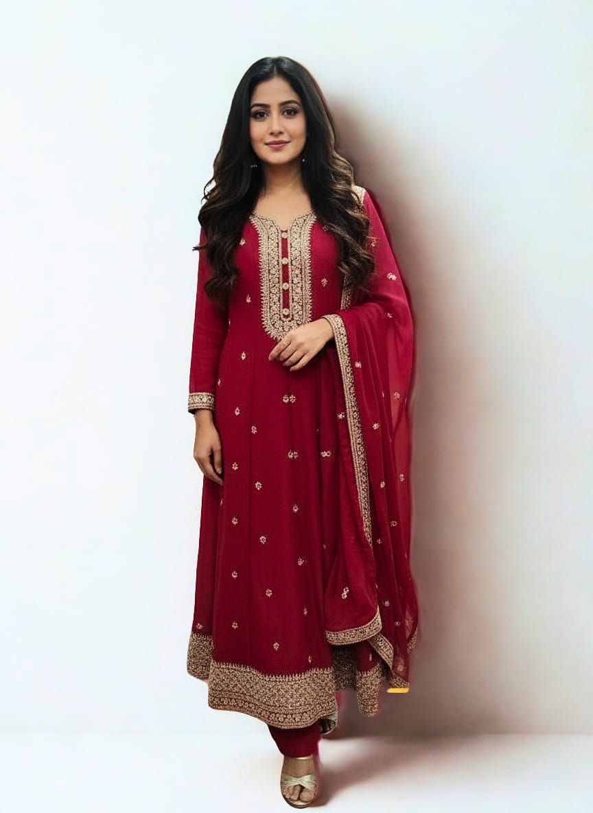 Women Anarkali Suit with embrodiery golden design in maroon red color