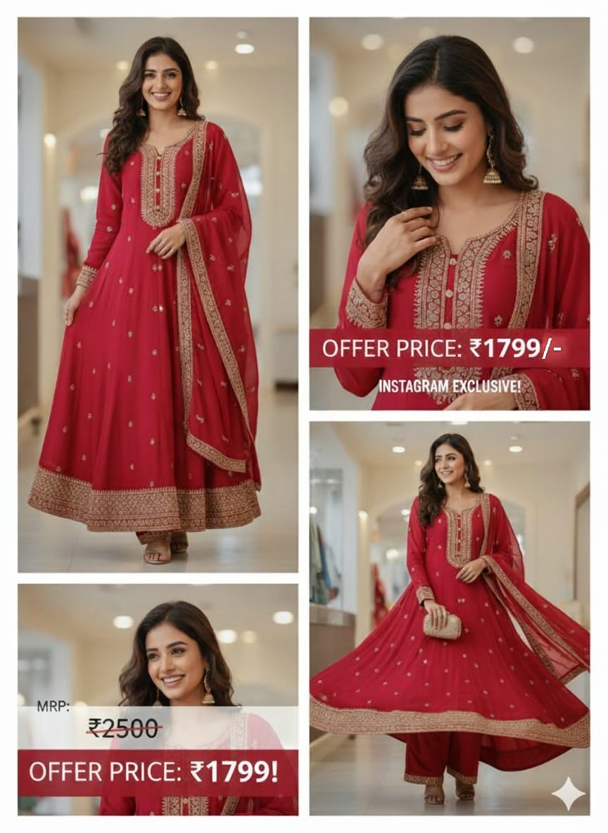Women Anarkali Suit with embrodiery golden design in maroon red color