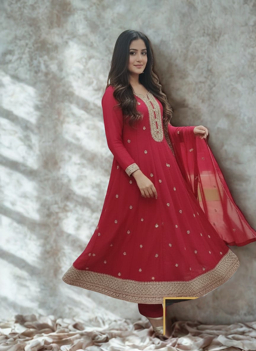 Women Anarkali Suit with embrodiery golden design in maroon red color